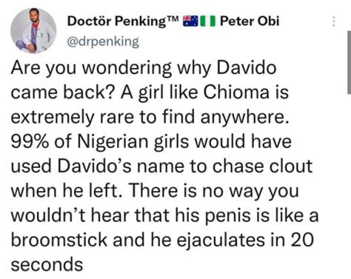 
A girl like Chioma is extremely rare to find – Nigerian doctor on why Davido ran back into Chioma’s arms 