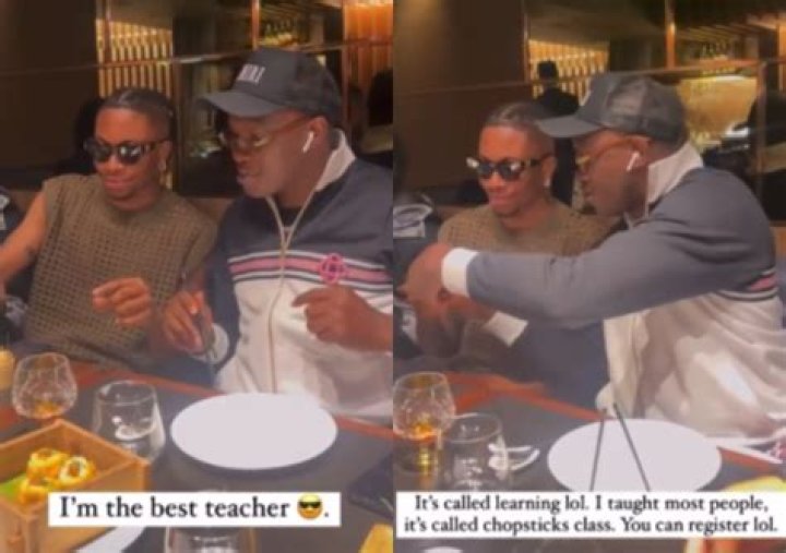 
Moment pastor Tobi teaches Oxlade how to use chopstick 