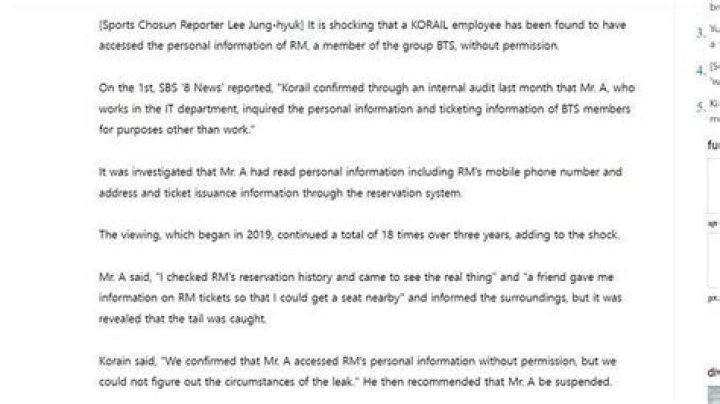 
Railway employee exposed for accessing BTS’ RM’s personal information unauthorized, is heavily criticized by netizens 